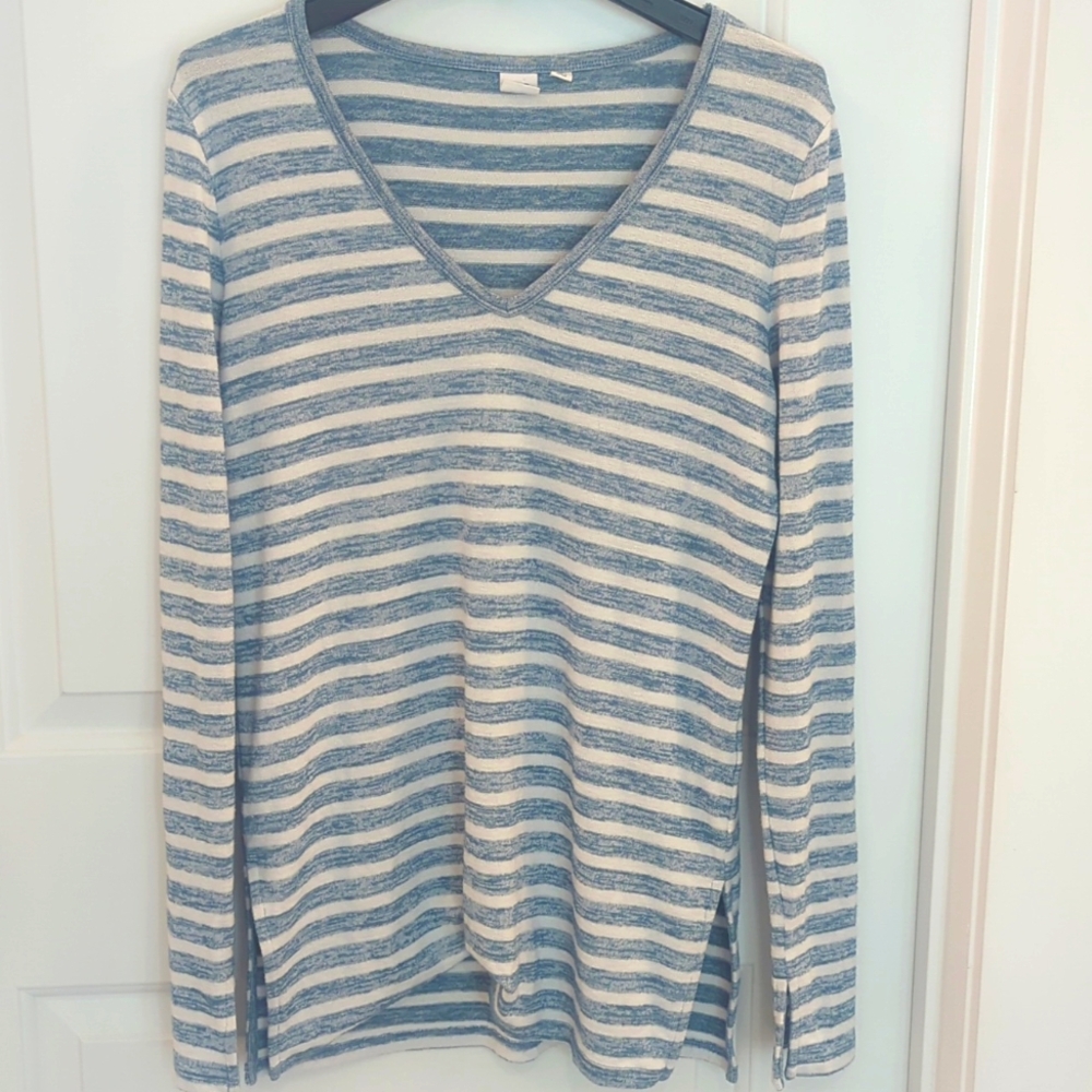 GAP Blue and White Striped Long Sleeve V Neck Top With Side And Cuff Slits